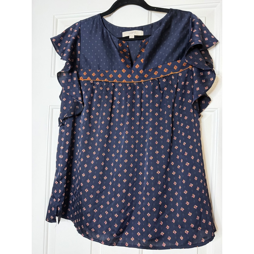 Ann Taylor LOFT Navy Blue Geometric Diamond Print Flutter Sleeve Blouse Medium